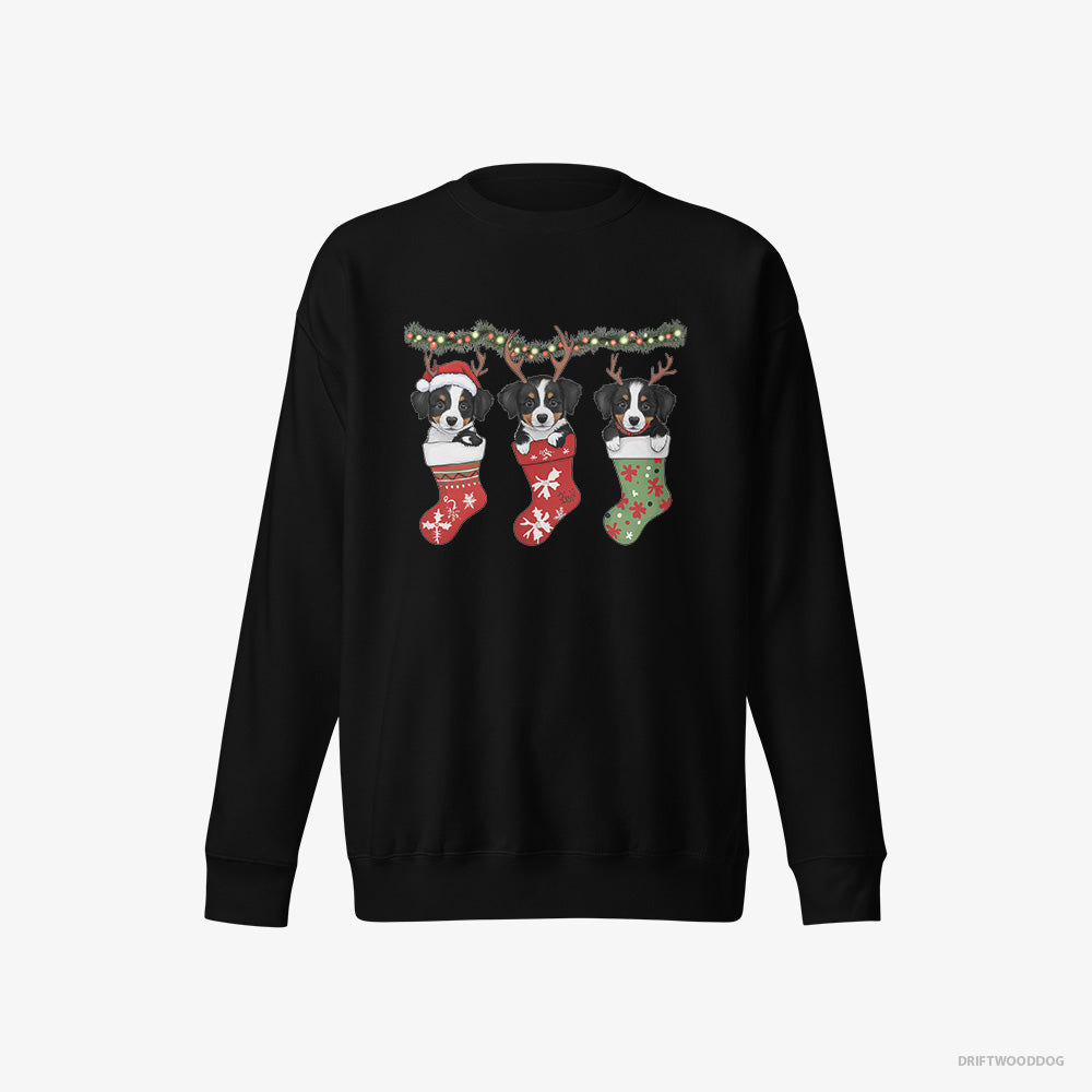 Border Collie Sweatshirt – Men Black Sweatshirt Eco-Friendly – Puppies in Christmas Stockings (on White Background)