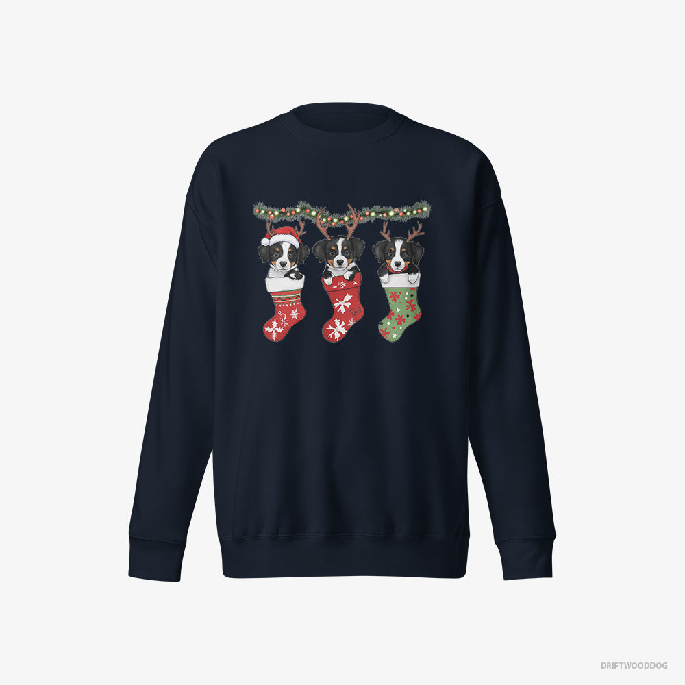 Border Collie Sweatshirt – Men Navy Sweatshirt Eco-Friendly – Puppies in Christmas Stockings (on White Background)