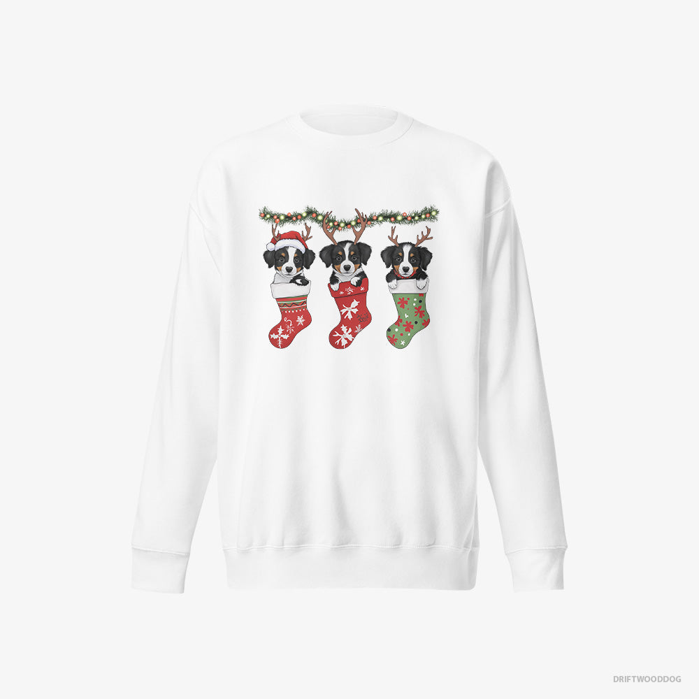 Border Collie Sweatshirt – Men White Sweatshirt Eco-Friendly – Puppies in Christmas Stockings (on White Background)