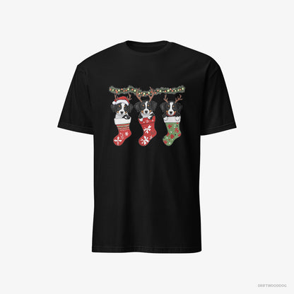 Border Collie Puppies in Christmas Stockings Black T-Shirt