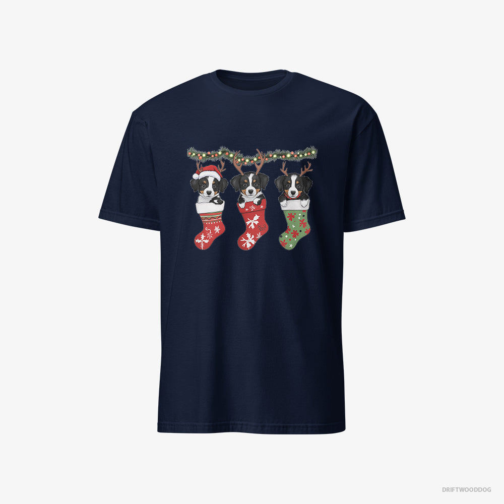 Border Collie T-Shirt – Women Navy T-Shirt Classic – Puppies in Christmas Stockings (on White Background)