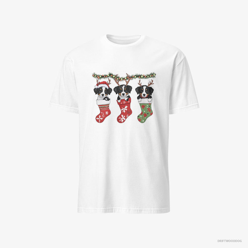 Border Collie T-Shirt – Men White T-Shirt Classic – Puppies in Christmas Stockings (on White Background)