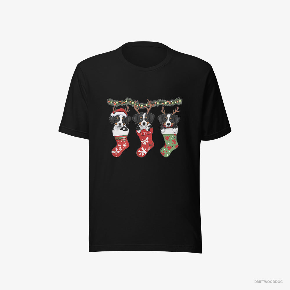 Border Collie T-Shirt – Men Black T-Shirt Eco-Friendly – Puppies in Christmas Stockings (on White Background)