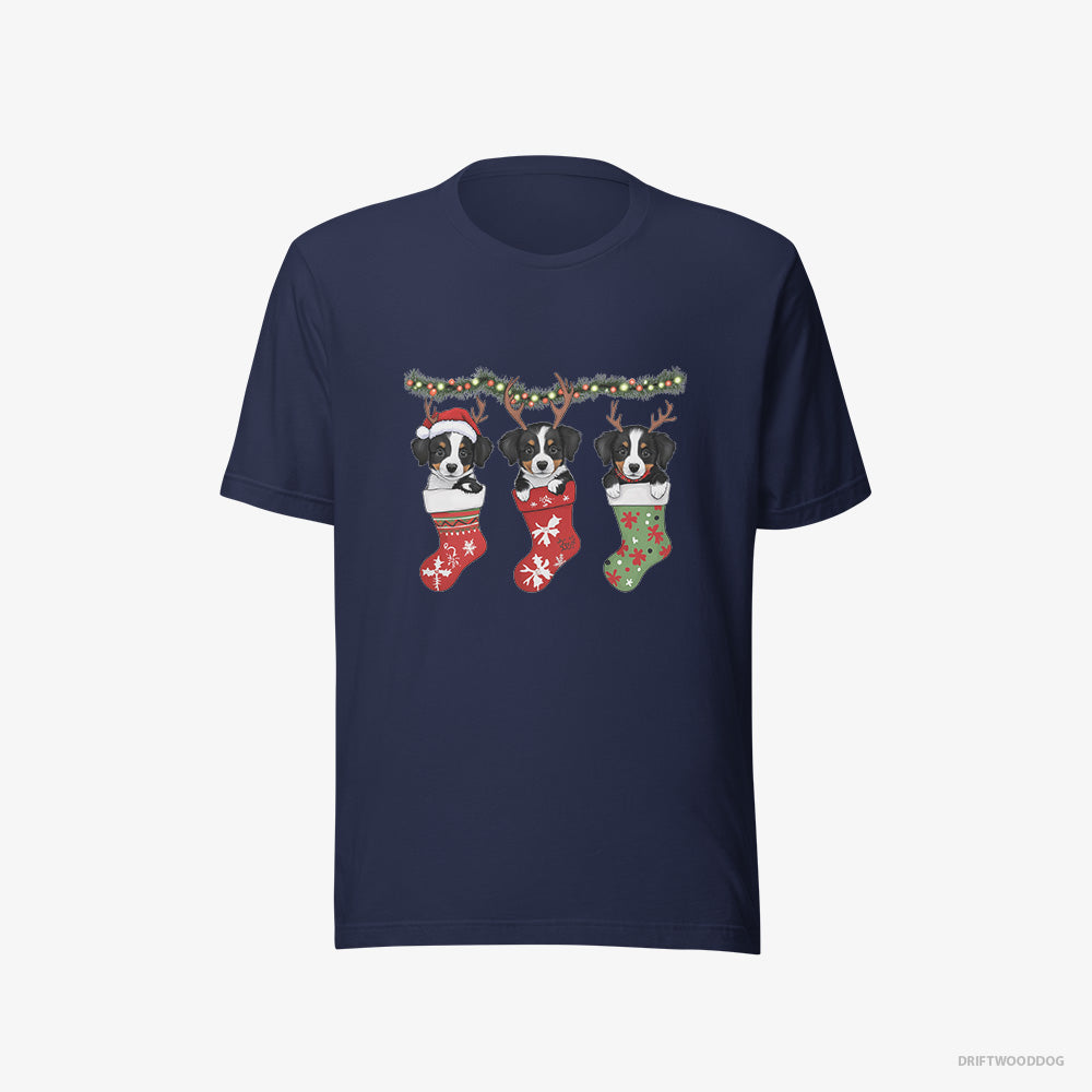 Border Collie T-Shirt – Men Navy T-Shirt Eco-Friendly – Puppies in Christmas Stockings (on White Background)