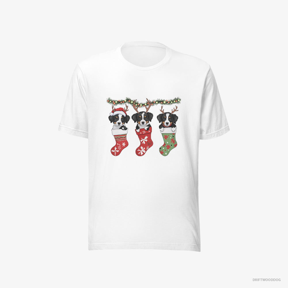 Border Collie T-Shirt – Men White T-Shirt Eco-Friendly – Puppies in Christmas Stockings (on White Background)