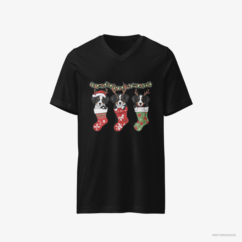 Border Collie T-Shirt – Men Black T-Shirt V-Neck – Puppies in Christmas Stockings (on White Background)