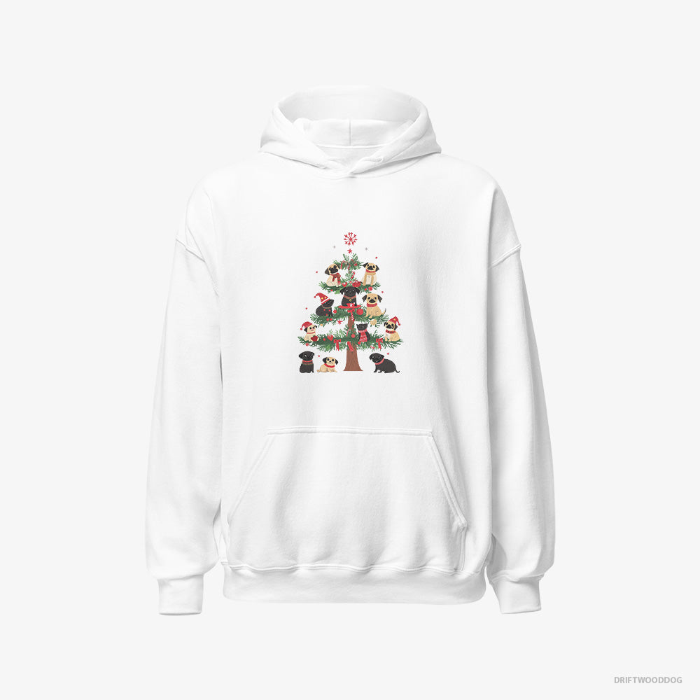 Pug Hoodie – Men White Hoodie Classic – Puppies Climbing Christmas Tree (on White Background)