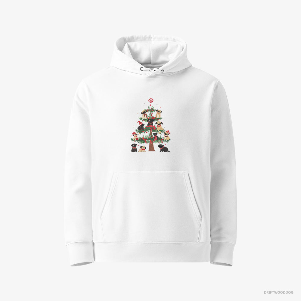 Pug Hoodie – Women White Hoodie Eco-Friendly – Puppies Climbing Christmas Tree (on White Background)