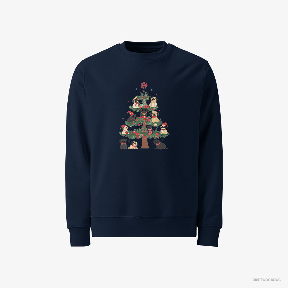 Pug Sweatshirt – Men Navy Sweatshirt Classic – Puppies Climbing Christmas Tree (on White Background)