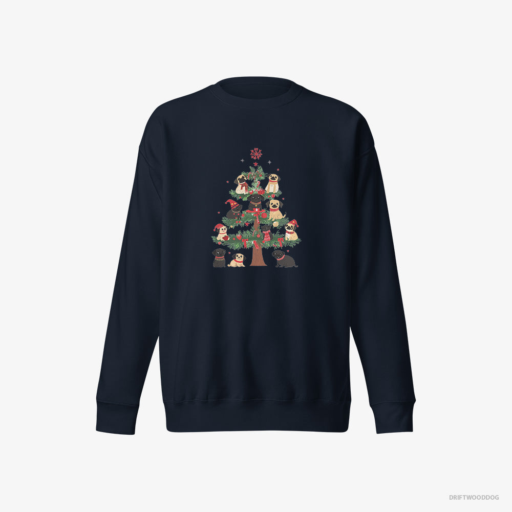 Pug Sweatshirt – Women Navy Sweatshirt Eco-Friendly – Puppies Climbing Christmas Tree (on White Background)