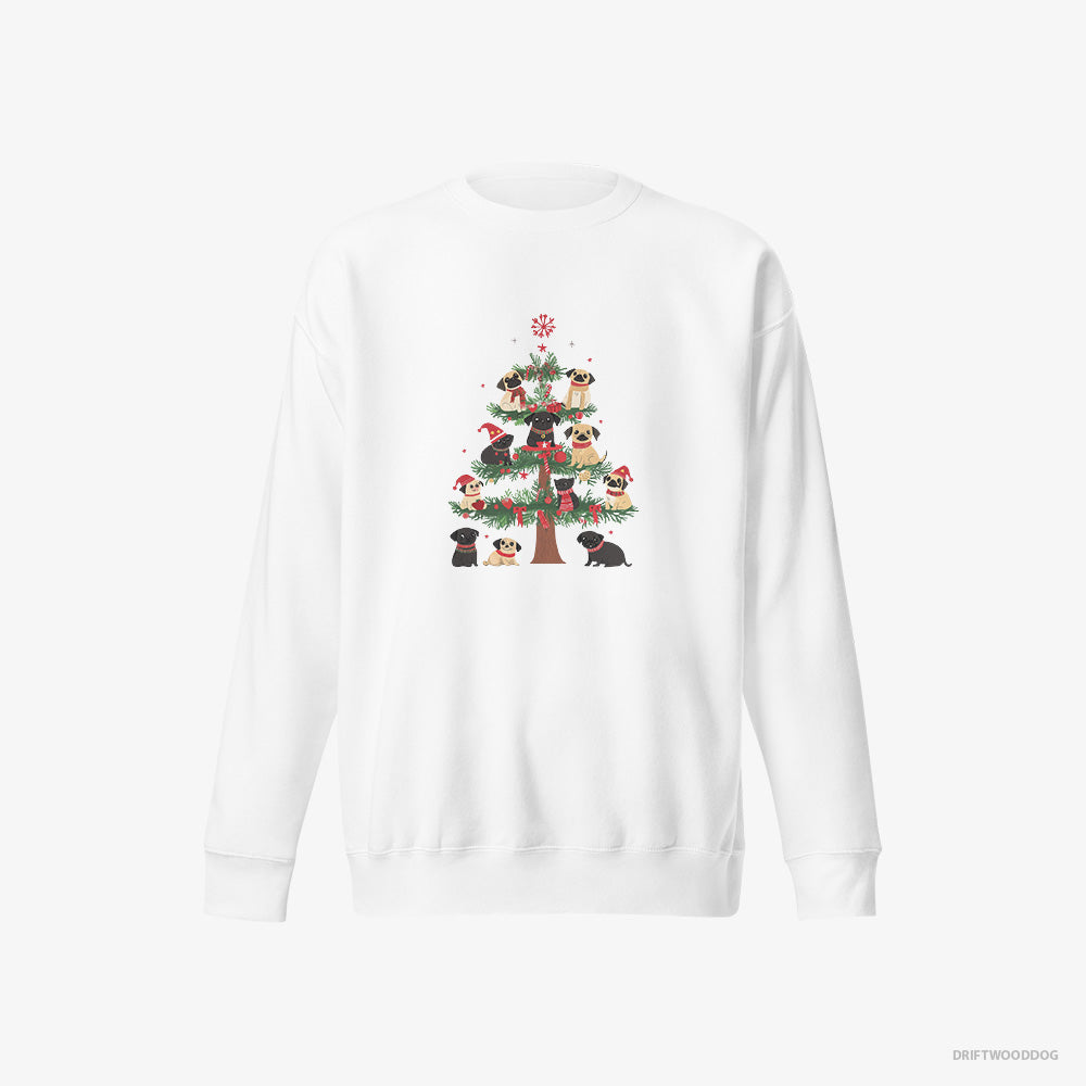 Pug Sweatshirt – Women White Sweatshirt Eco-Friendly – Puppies Climbing Christmas Tree (on White Background)