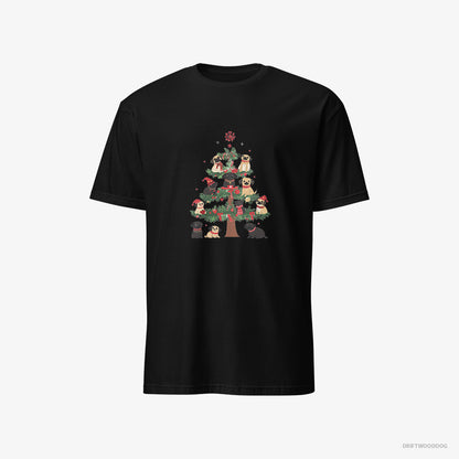 Pug Puppies Climbing Christmas Tree Black T-Shirt