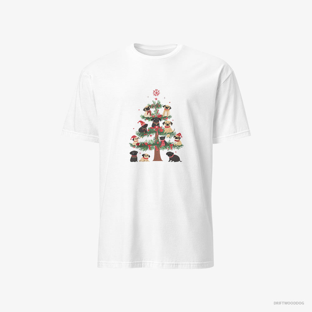 Pug T-Shirt – Men White T-Shirt Classic – Puppies Climbing Christmas Tree (on White Background)