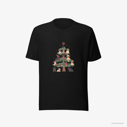 Pug Puppies Climbing Christmas Tree Black T-Shirt