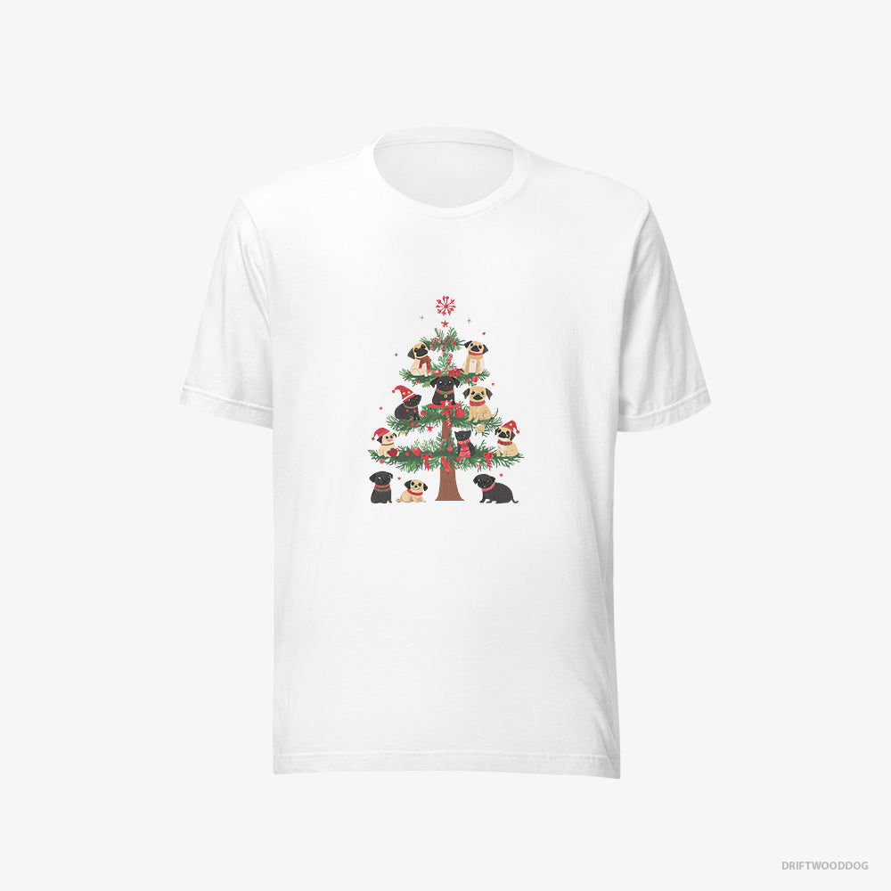 Pug T-Shirt – Men White T-Shirt Eco-Friendly – Puppies Climbing Christmas Tree (on White Background)