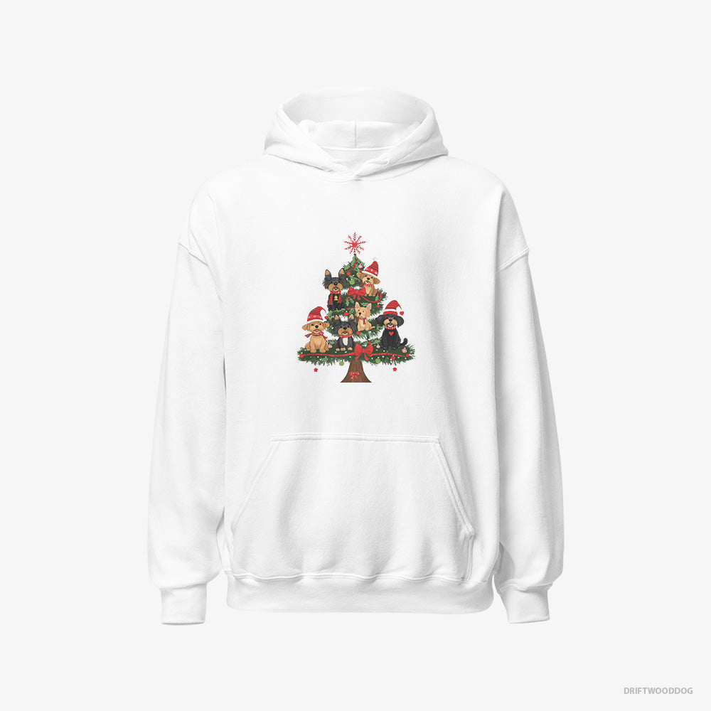 Yorkshire Terrier Hoodie – Men White Hoodie Classic – Puppies All Over the Christmas Tree (on White Background)