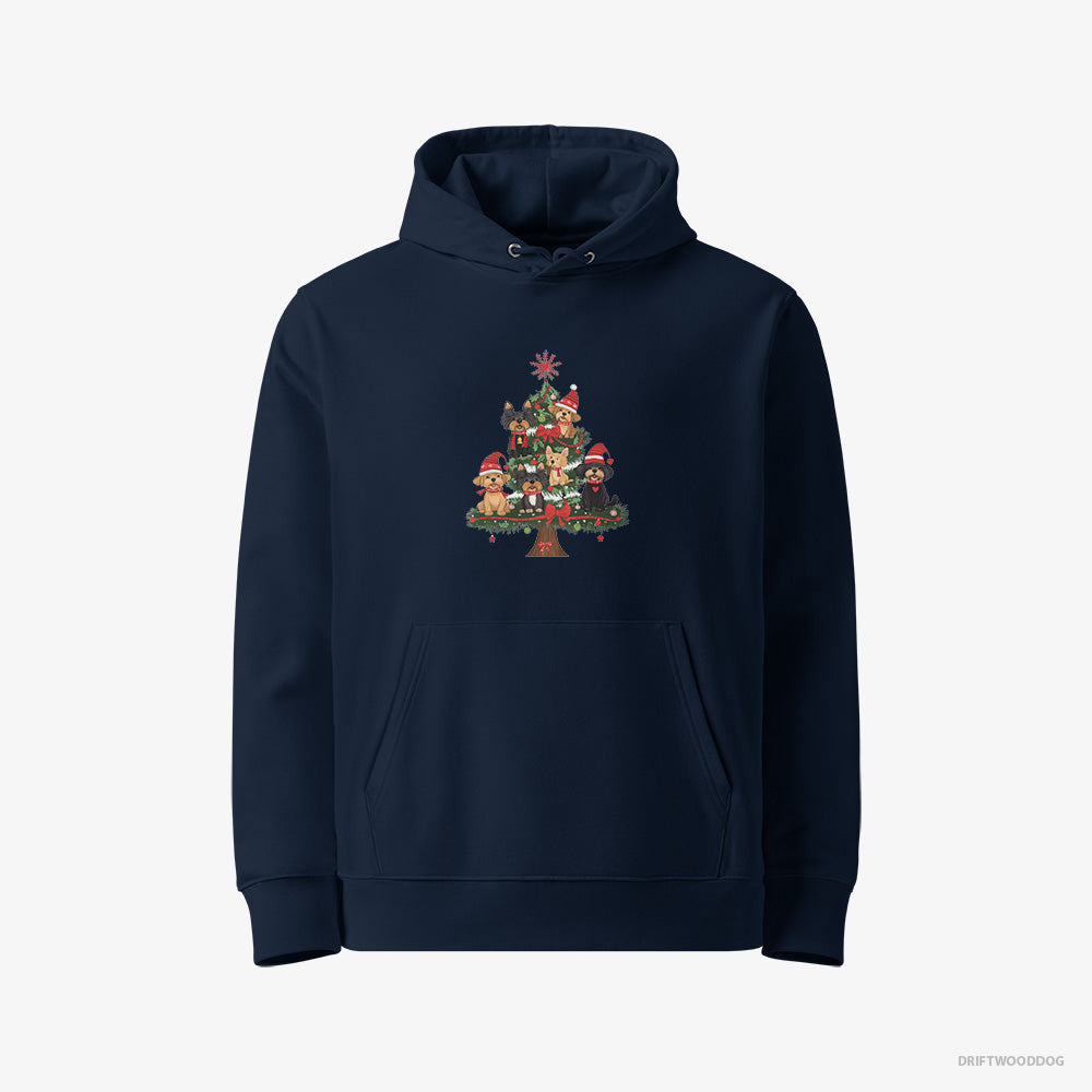 Yorkshire Terrier Hoodie – Women Navy Hoodie Eco-Friendly – Puppies All Over the Christmas Tree (on White Background)