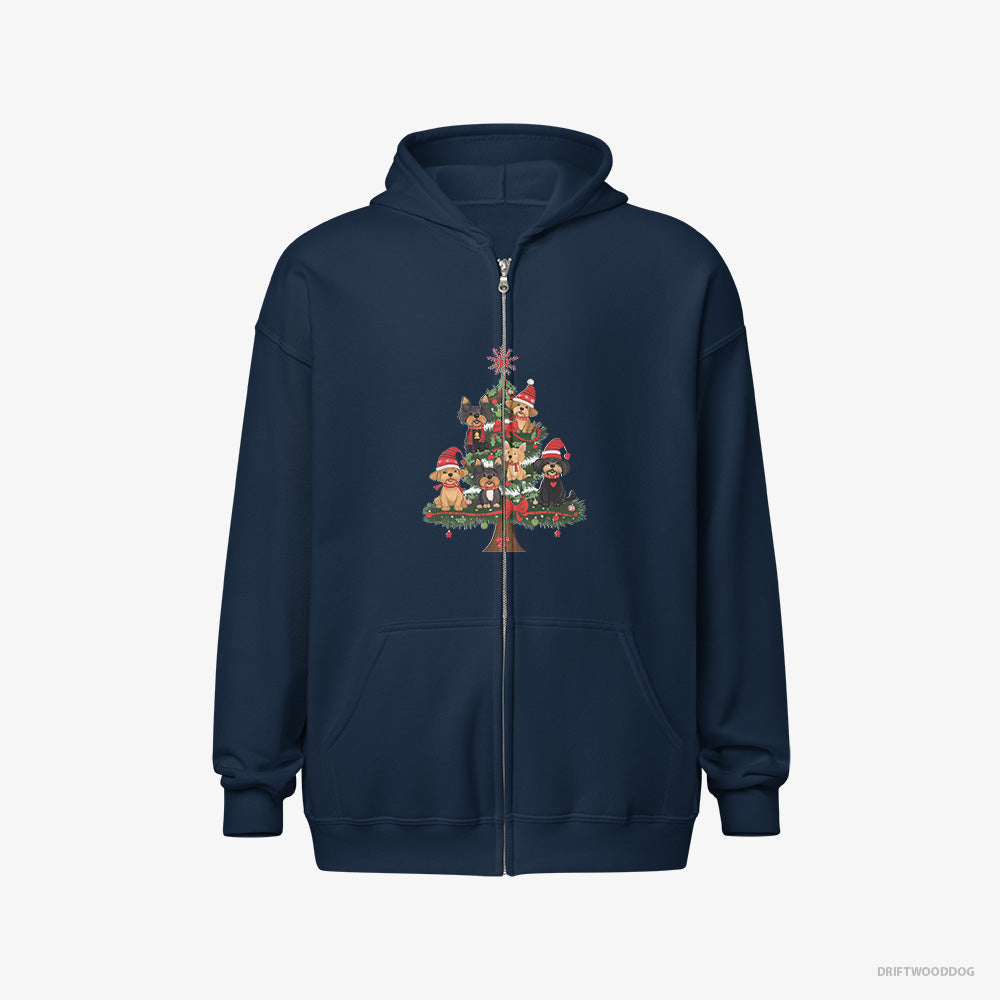 Yorkshire Terrier Hoodie – Men Navy Hoodie Full-Zip – Puppies All Over the Christmas Tree (on White Background)