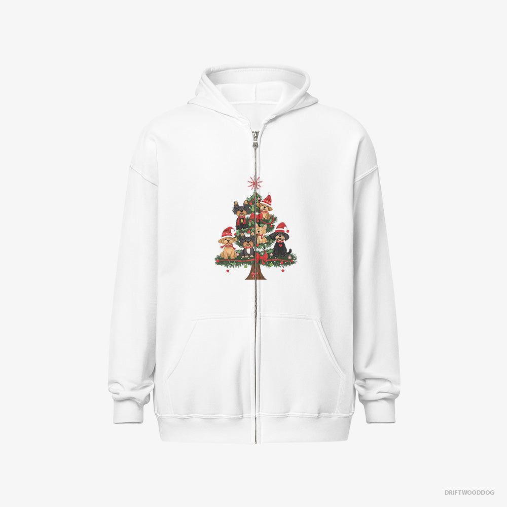 Yorkshire Terrier Hoodie – Men White Hoodie Full-Zip – Puppies All Over the Christmas Tree (on White Background)