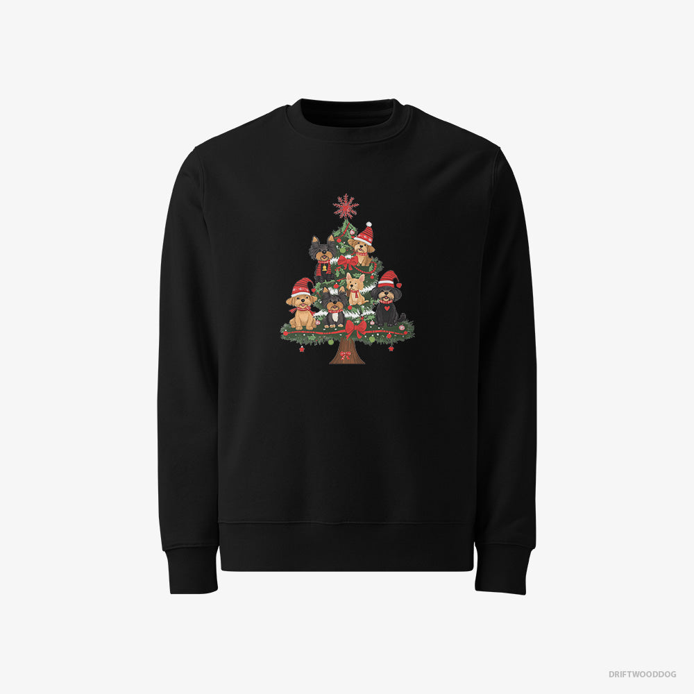 Yorkshire Terrier Sweatshirt – Men Black Sweatshirt Classic – Puppies All Over the Christmas Tree (on White Background)