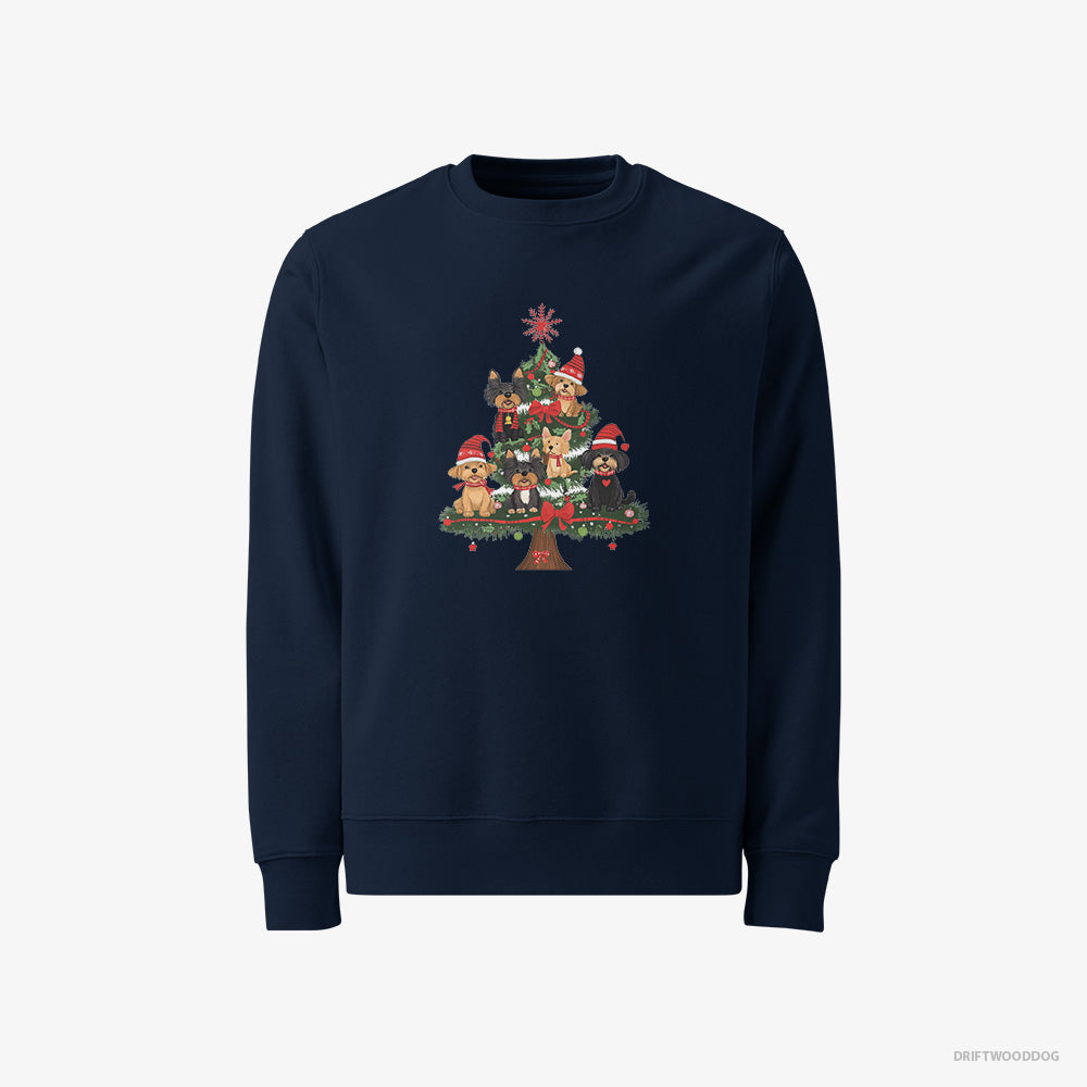 Yorkshire Terrier Sweatshirt – Women Navy Sweatshirt Classic – Puppies All Over the Christmas Tree (on White Background)