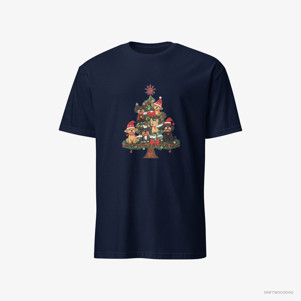 Yorkshire Terrier T-Shirt – Men Navy T-Shirt Classic – Puppies All Over the Christmas Tree (on White Background)