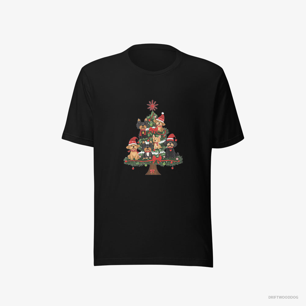 Yorkshire Terrier T-Shirt – Women Black T-Shirt Eco-Friendly – Puppies All Over the Christmas Tree (on White Background)