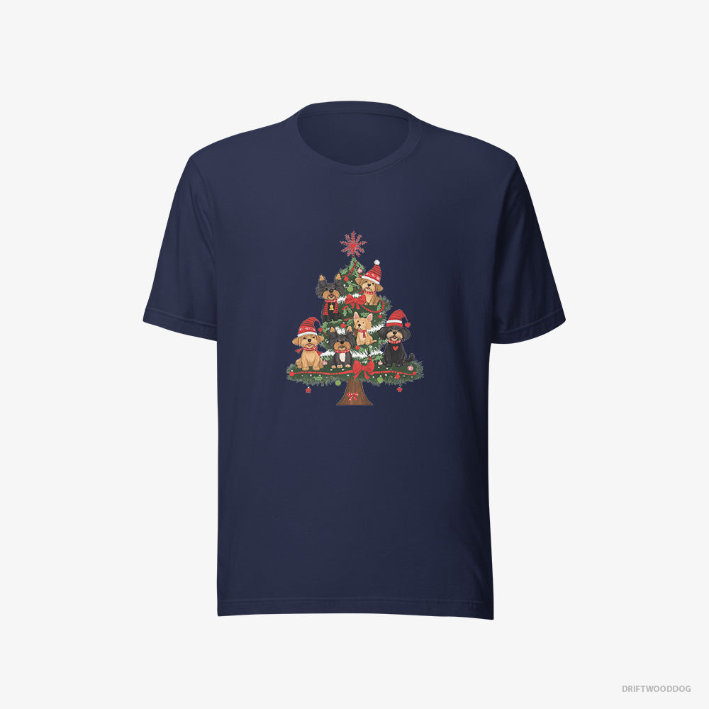 Yorkshire Terrier T-Shirt – Men Navy T-Shirt Eco-Friendly – Puppies All Over the Christmas Tree (on White Background)