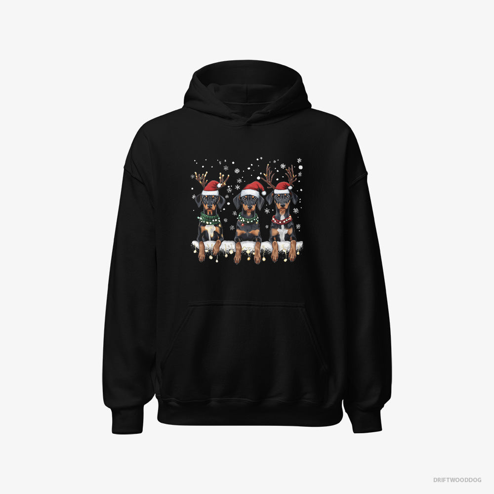 Dobermann Hoodie – Women Black Hoodie Classic – Puppies in Christmas Lights (on White Background)