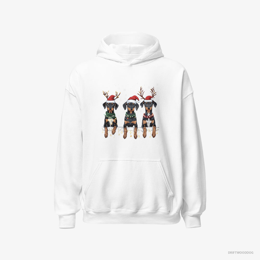 Dobermann Hoodie – Men White Hoodie Classic – Puppies in Christmas Lights (on White Background)