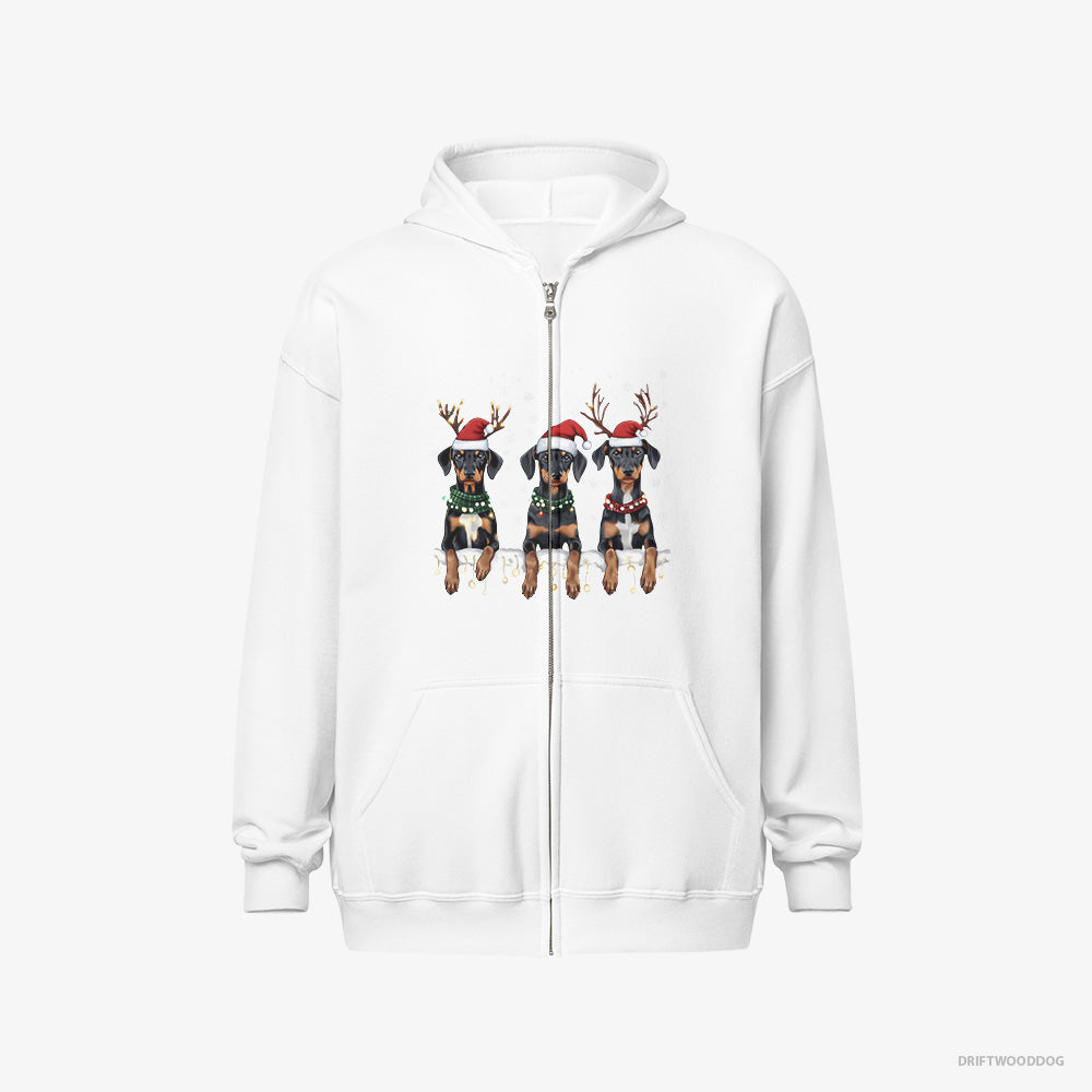 Dobermann Hoodie – Men White Hoodie Full-Zip – Puppies in Christmas Lights (on White Background)