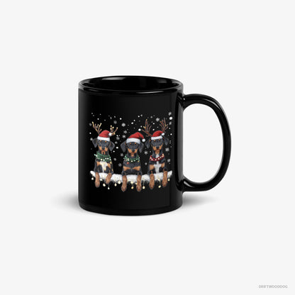 Dobermann Mug – Unisex Black Mug Classic – Puppies in Christmas Lights (on White Background)