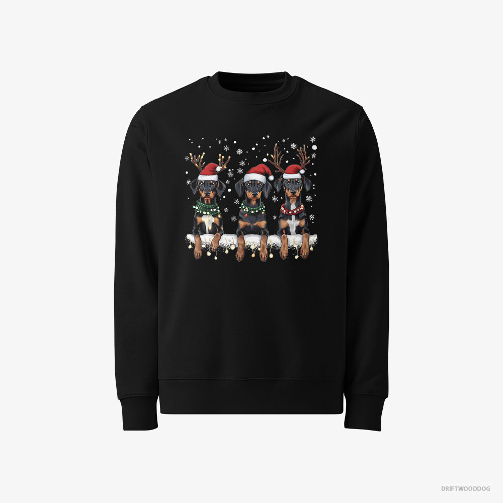 Dobermann Sweatshirt – Women Black Sweatshirt Classic – Puppies in Christmas Lights (on White Background)