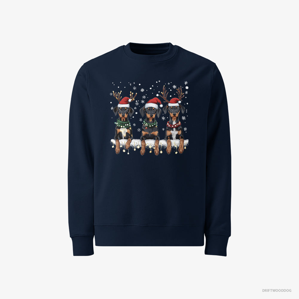 Dobermann Sweatshirt – Men Navy Sweatshirt Classic – Puppies in Christmas Lights (on White Background)