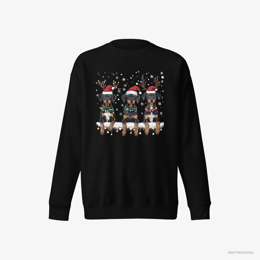 Dobermann Sweatshirt – Women Black Sweatshirt Eco-Friendly – Puppies in Christmas Lights (on White Background)