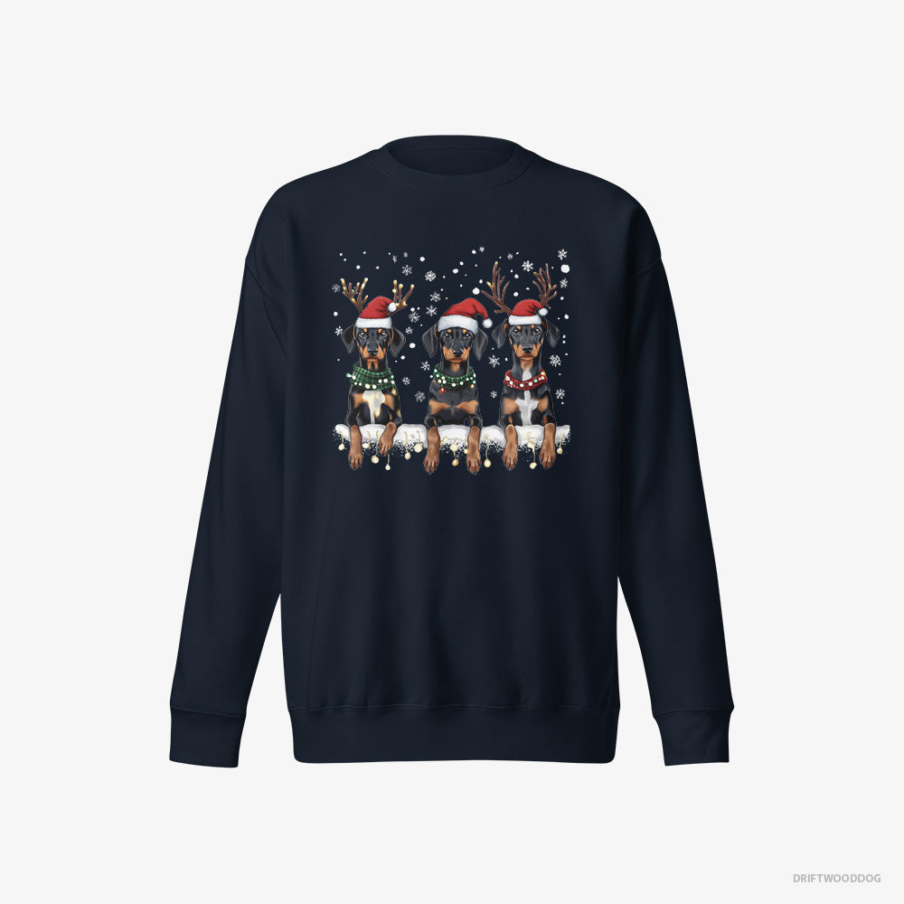 Dobermann Sweatshirt – Women Navy Sweatshirt Eco-Friendly – Puppies in Christmas Lights (on White Background)