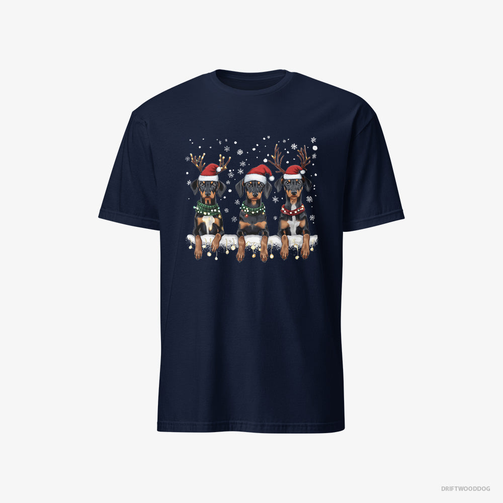 Dobermann T-Shirt – Men Navy T-Shirt Classic – Puppies in Christmas Lights (on White Background)