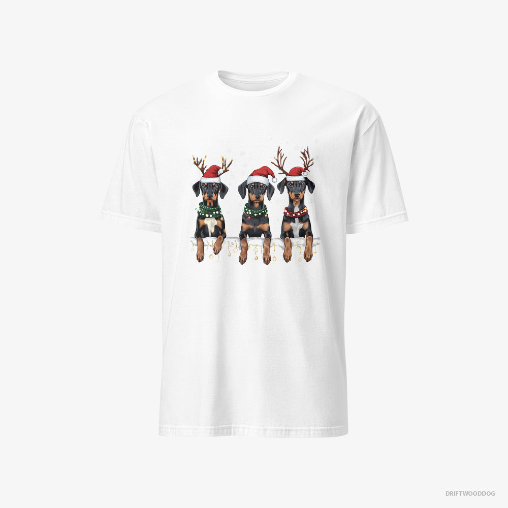 Dobermann T-Shirt – Men White T-Shirt Classic – Puppies in Christmas Lights (on White Background)