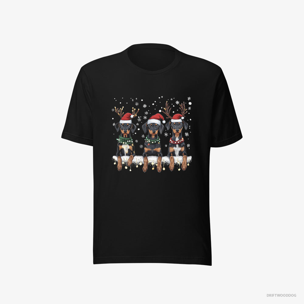 Dobermann T-Shirt – Women Black T-Shirt Eco-Friendly – Puppies in Christmas Lights (on White Background)