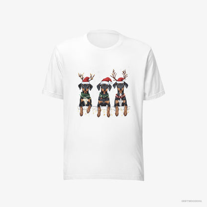 Dobermann T-Shirt – Men White T-Shirt Eco-Friendly – Puppies in Christmas Lights (on White Background)