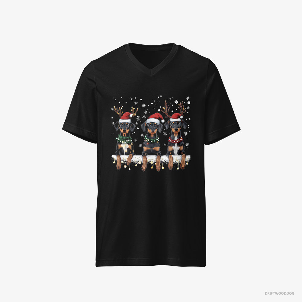 Dobermann T-Shirt – Men Black T-Shirt V-Neck – Puppies in Christmas Lights (on White Background)