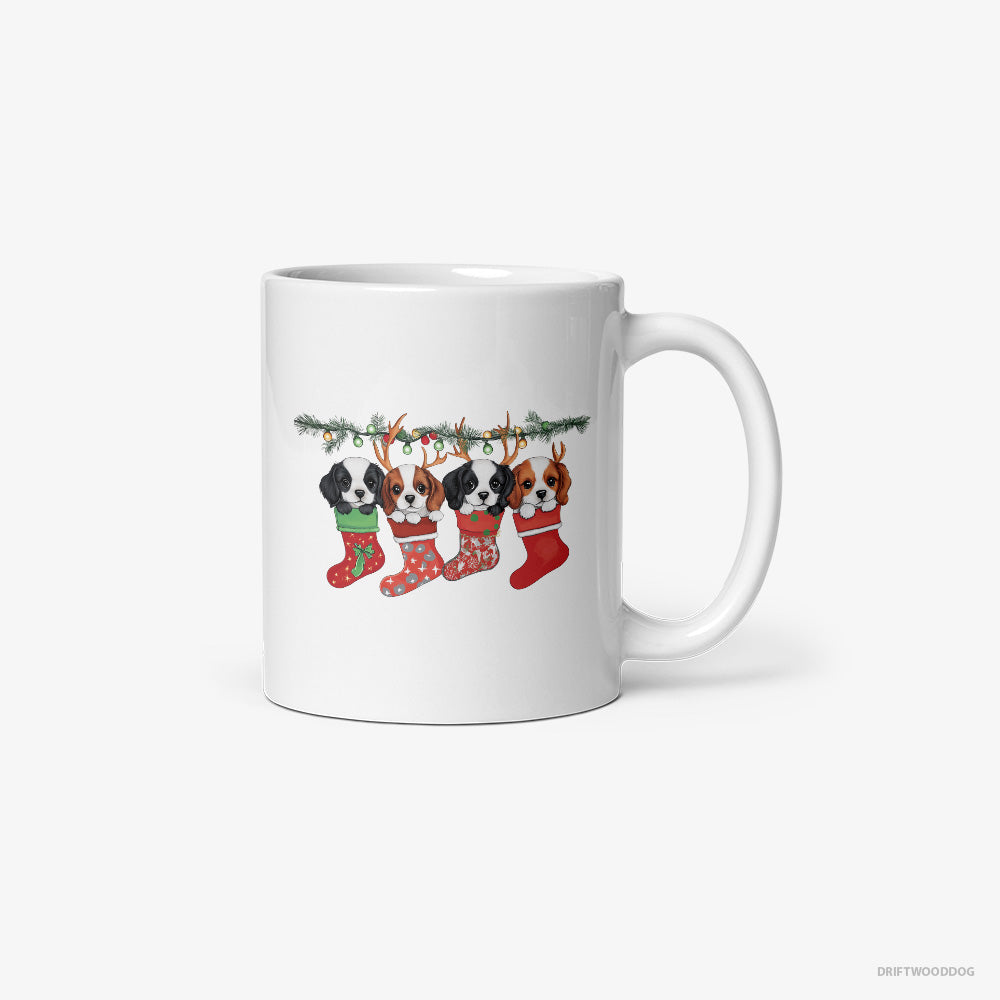 Cavalier King Charles Spaniel Mug – Unisex White Mug Classic – Puppies in Stockings (on White Background)