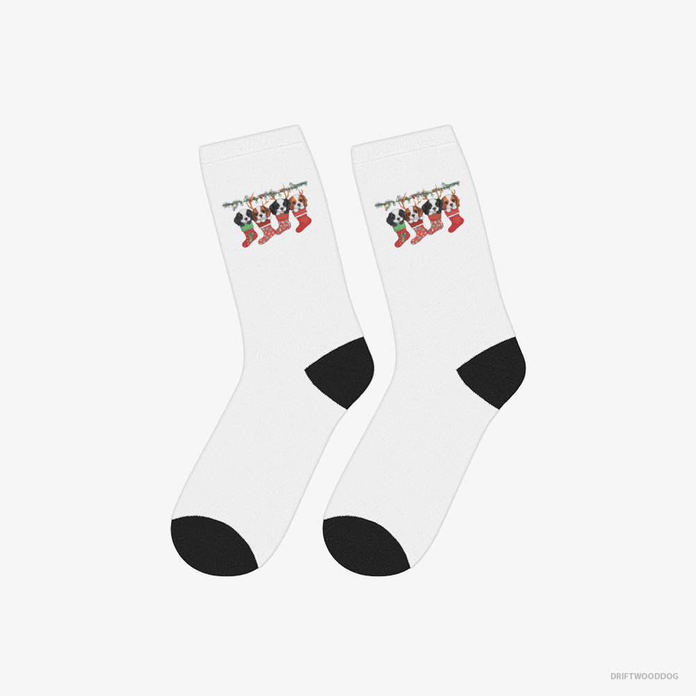 Cavalier King Charles Spaniel Socks – Unisex White Socks Eco-Friendly – Puppies in Stockings (on White Background)