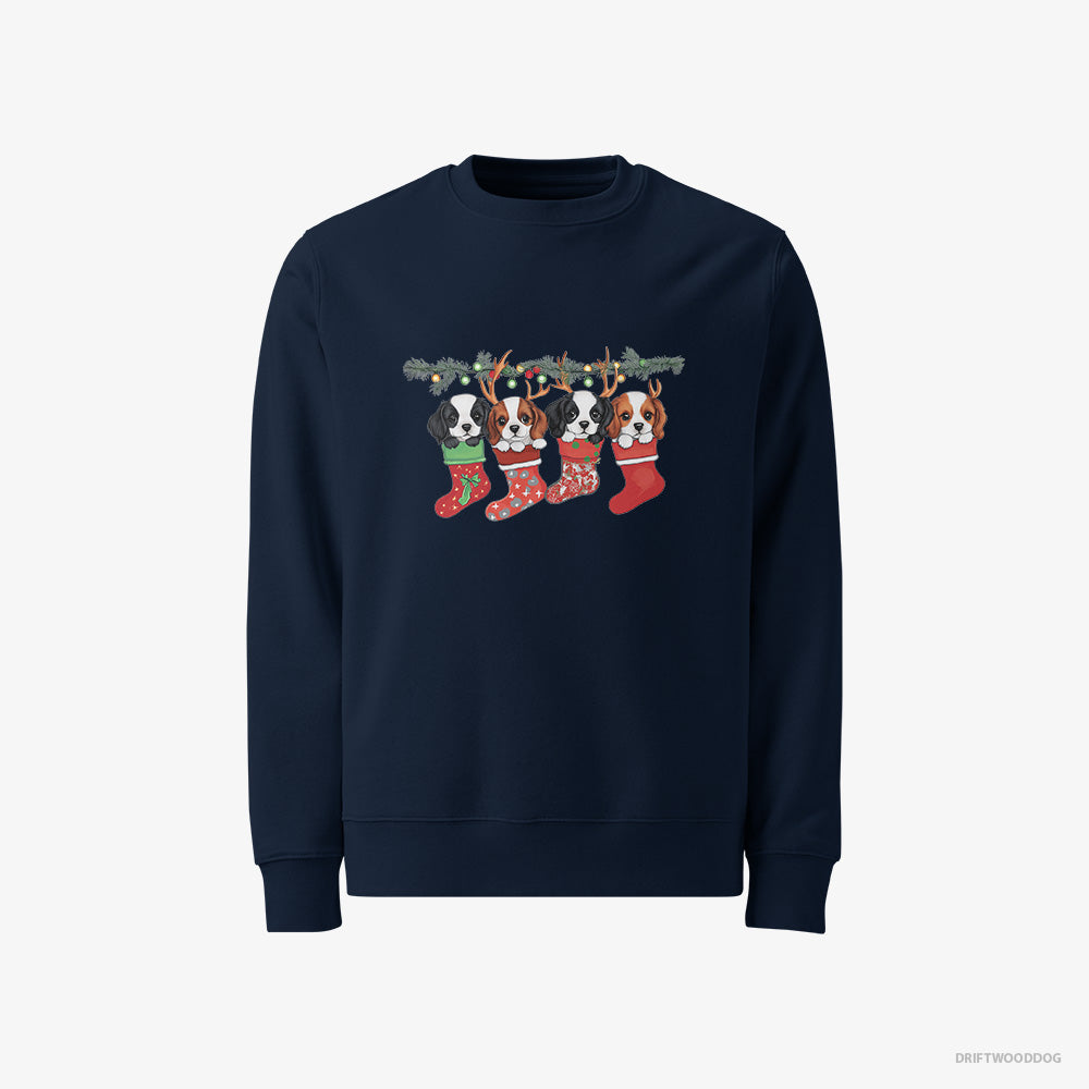 Cavalier King Charles Spaniel Sweatshirt – Men Navy Sweatshirt Classic – Puppies in Stockings (on White Background)