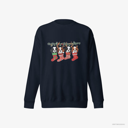 Cavalier King Charles Spaniel Sweatshirt – Men Navy Sweatshirt Eco-Friendly – Puppies in Stockings (on White Background)