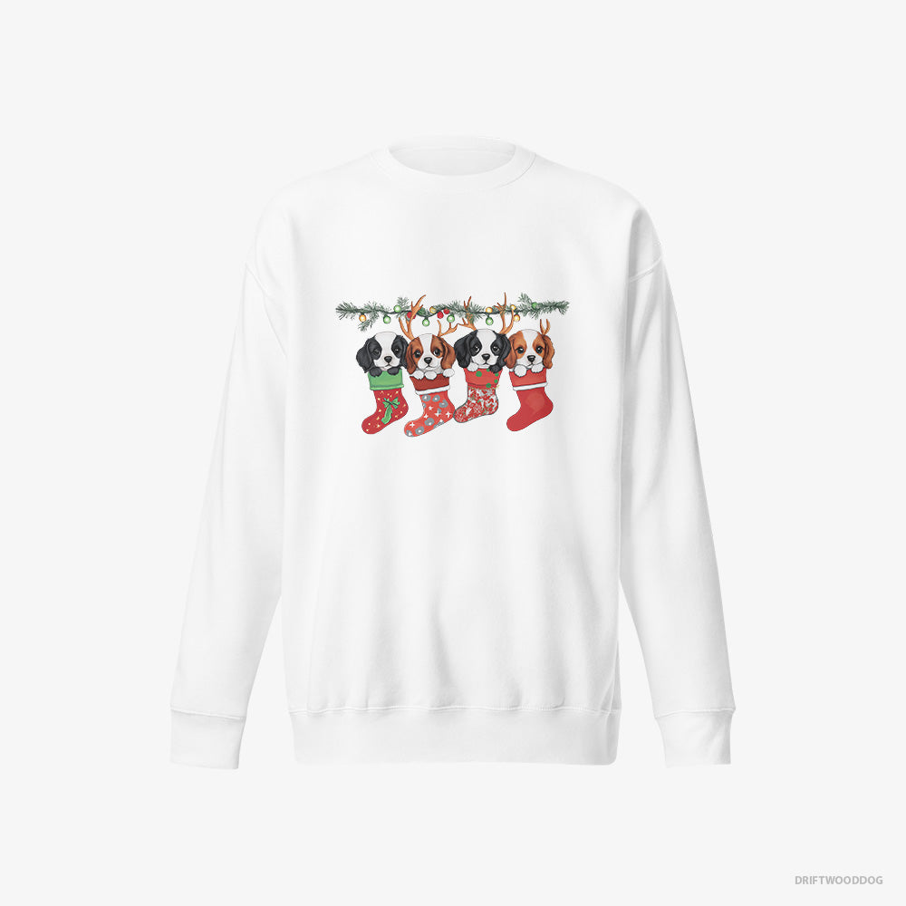 Cavalier King Charles Spaniel Sweatshirt – Women White Sweatshirt Eco-Friendly – Puppies in Stockings (on White Background)