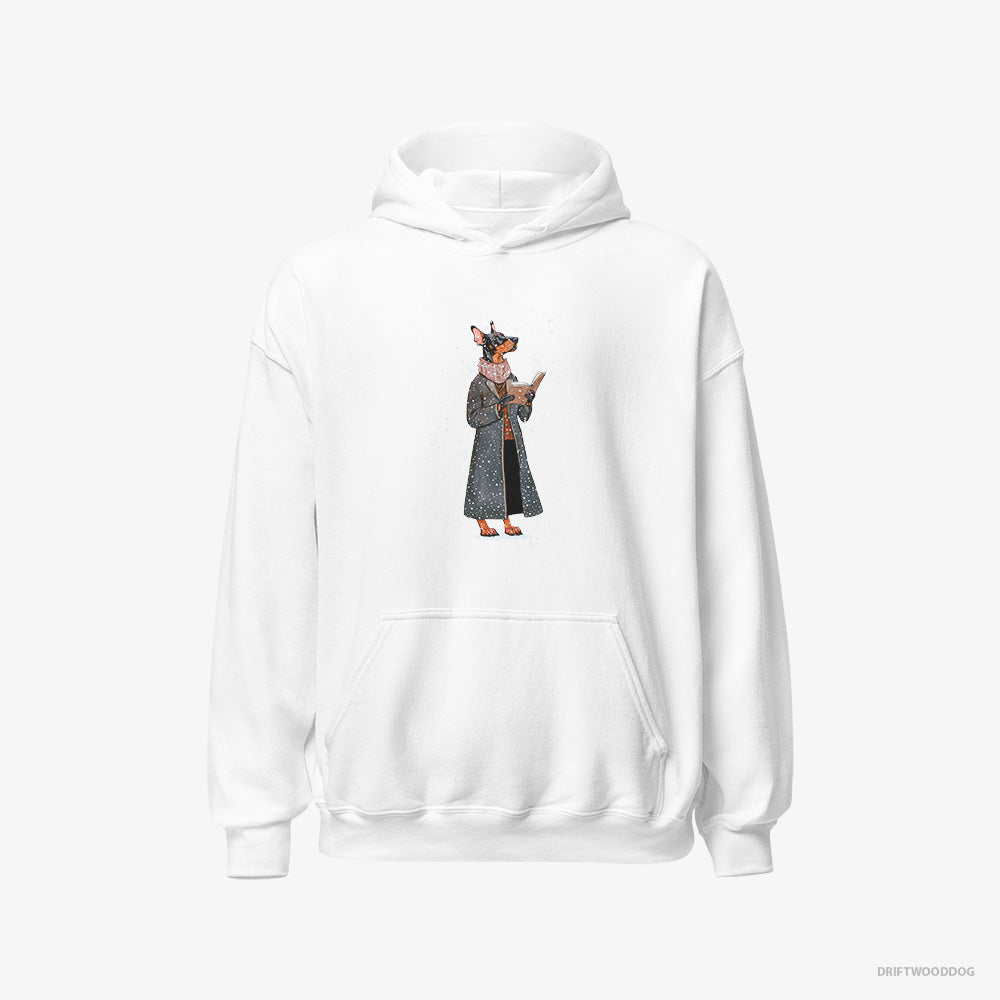 Dobermann Hoodie – Men White Hoodie Classic – Singing Christmas Songs with a Carol Book (on White Background)