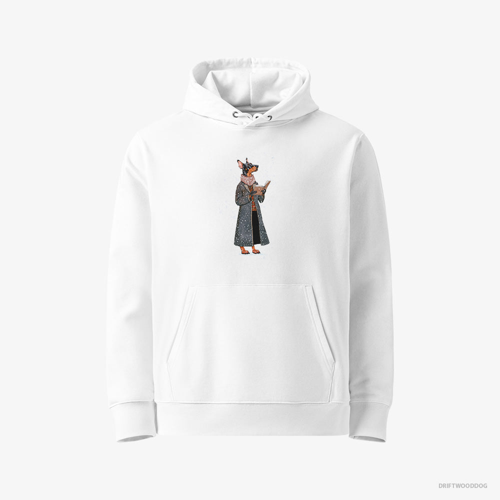 Dobermann Hoodie – Women White Hoodie Eco-Friendly – Singing Christmas Songs with a Carol Book (on White Background)