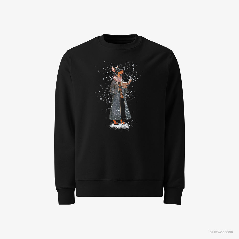 Dobermann Sweatshirt – Women Black Sweatshirt Classic – Singing Christmas Songs with a Carol Book (on White Background)