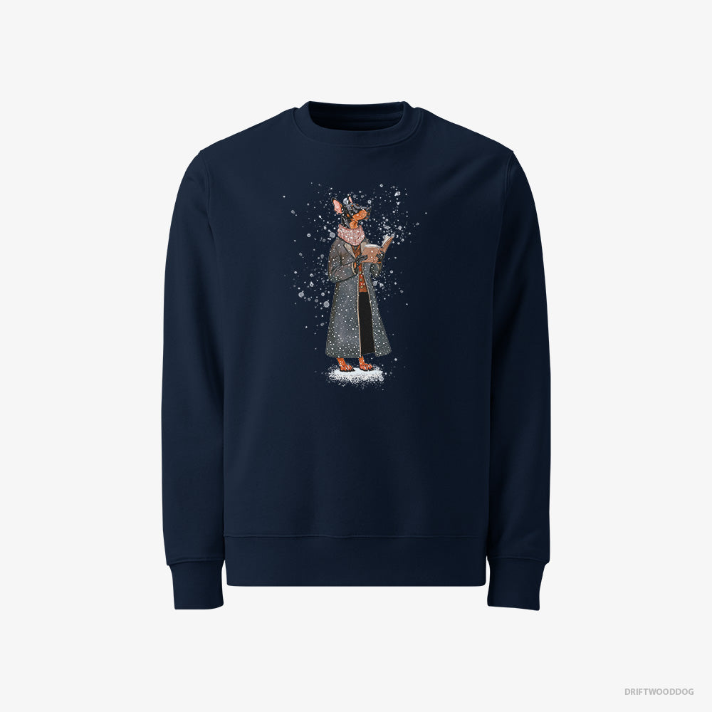 Dobermann Sweatshirt – Men Navy Sweatshirt Classic – Singing Christmas Songs with a Carol Book (on White Background)